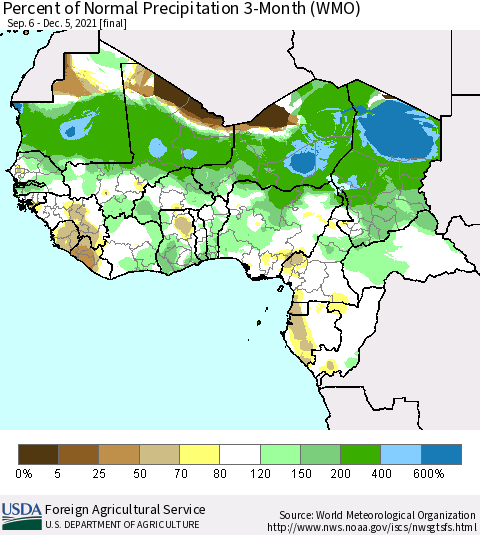 Western Africa Percent of Normal Precipitation 3-Month (WMO) Thematic Map For 9/6/2021 - 12/5/2021