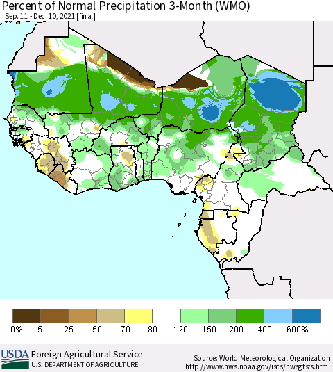 Western Africa Percent of Normal Precipitation 3-Month (WMO) Thematic Map For 9/11/2021 - 12/10/2021