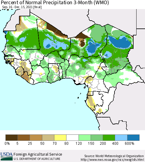 Western Africa Percent of Normal Precipitation 3-Month (WMO) Thematic Map For 9/16/2021 - 12/15/2021