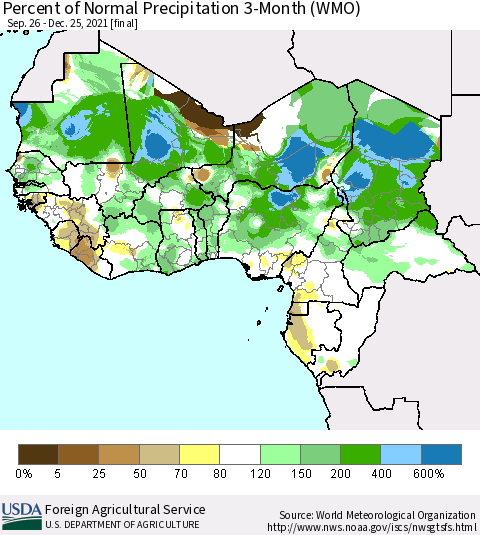 Western Africa Percent of Normal Precipitation 3-Month (WMO) Thematic Map For 9/26/2021 - 12/25/2021