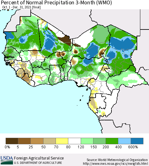 Western Africa Percent of Normal Precipitation 3-Month (WMO) Thematic Map For 10/1/2021 - 12/31/2021