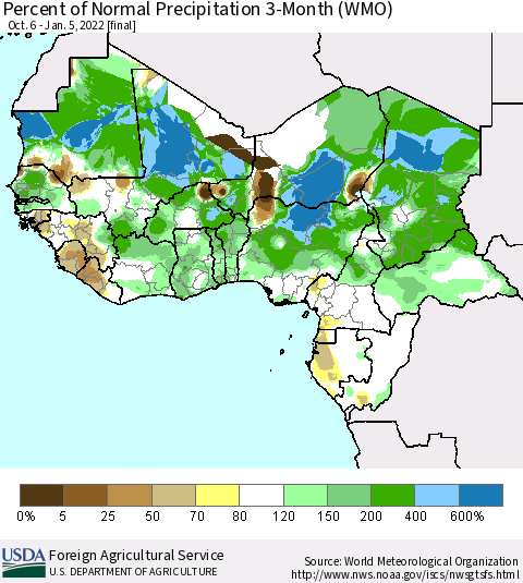 Western Africa Percent of Normal Precipitation 3-Month (WMO) Thematic Map For 10/6/2021 - 1/5/2022