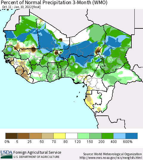 Western Africa Percent of Normal Precipitation 3-Month (WMO) Thematic Map For 10/11/2021 - 1/10/2022