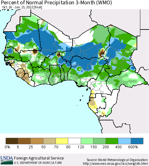 Western Africa Percent of Normal Precipitation 3-Month (WMO) Thematic Map For 10/16/2021 - 1/15/2022