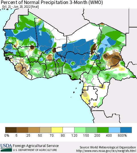Western Africa Percent of Normal Precipitation 3-Month (WMO) Thematic Map For 10/21/2021 - 1/20/2022