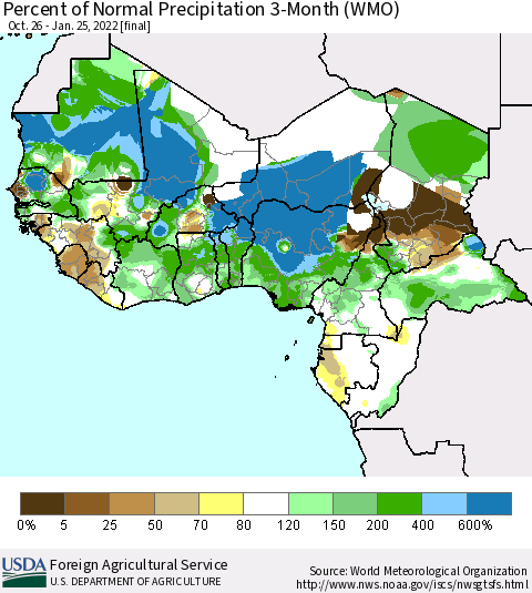 Western Africa Percent of Normal Precipitation 3-Month (WMO) Thematic Map For 10/26/2021 - 1/25/2022