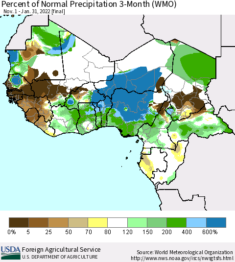 Western Africa Percent of Normal Precipitation 3-Month (WMO) Thematic Map For 11/1/2021 - 1/31/2022