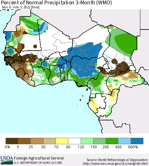 Western Africa Percent of Normal Precipitation 3-Month (WMO) Thematic Map For 11/6/2021 - 2/5/2022