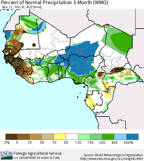 Western Africa Percent of Normal Precipitation 3-Month (WMO) Thematic Map For 11/11/2021 - 2/10/2022