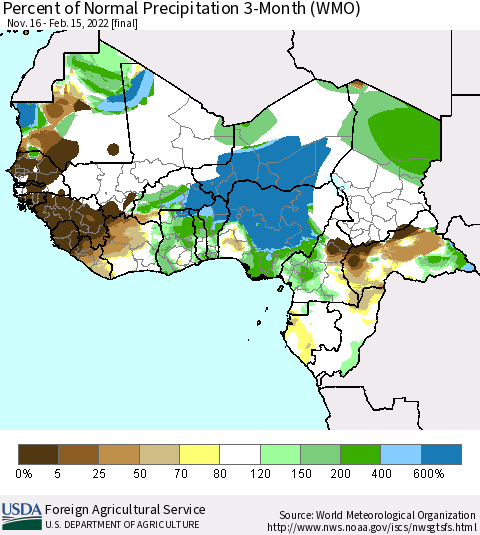 Western Africa Percent of Normal Precipitation 3-Month (WMO) Thematic Map For 11/16/2021 - 2/15/2022
