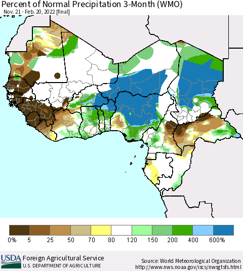 Western Africa Percent of Normal Precipitation 3-Month (WMO) Thematic Map For 11/21/2021 - 2/20/2022