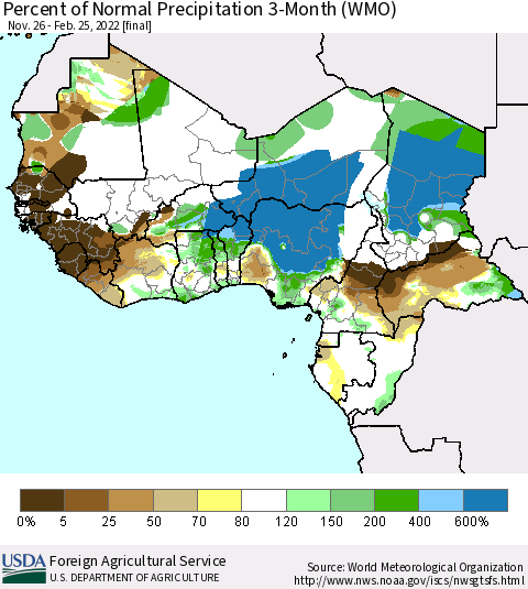 Western Africa Percent of Normal Precipitation 3-Month (WMO) Thematic Map For 11/26/2021 - 2/25/2022