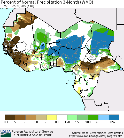 Western Africa Percent of Normal Precipitation 3-Month (WMO) Thematic Map For 12/1/2021 - 2/28/2022