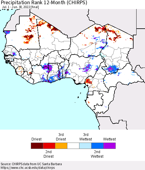 Western Africa Precipitation Rank since 1981, 12-Month (CHIRPS) Thematic Map For 7/1/2021 - 6/30/2022