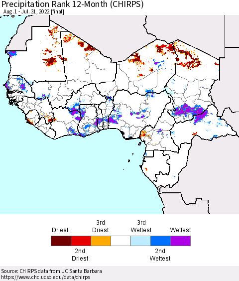Western Africa Precipitation Rank since 1981, 12-Month (CHIRPS) Thematic Map For 8/1/2021 - 7/31/2022