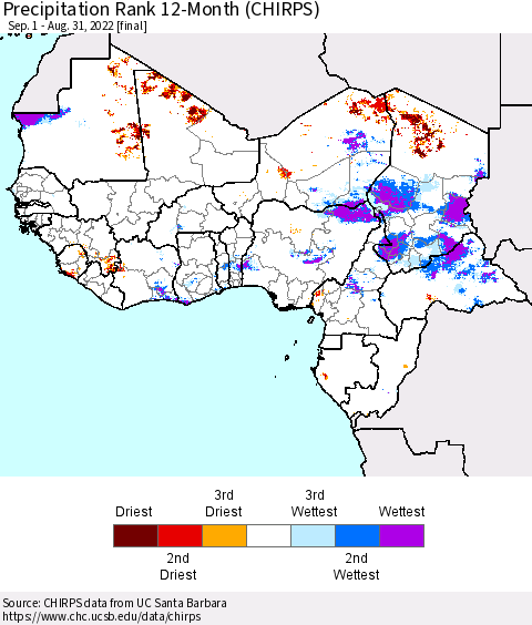 Western Africa Precipitation Rank since 1981, 12-Month (CHIRPS) Thematic Map For 9/1/2021 - 8/31/2022