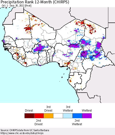 Western Africa Precipitation Rank since 1981, 12-Month (CHIRPS) Thematic Map For 10/1/2021 - 9/30/2022