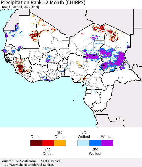 Western Africa Precipitation Rank since 1981, 12-Month (CHIRPS) Thematic Map For 11/1/2021 - 10/31/2022
