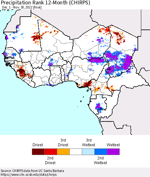 Western Africa Precipitation Rank since 1981, 12-Month (CHIRPS) Thematic Map For 12/1/2021 - 11/30/2022