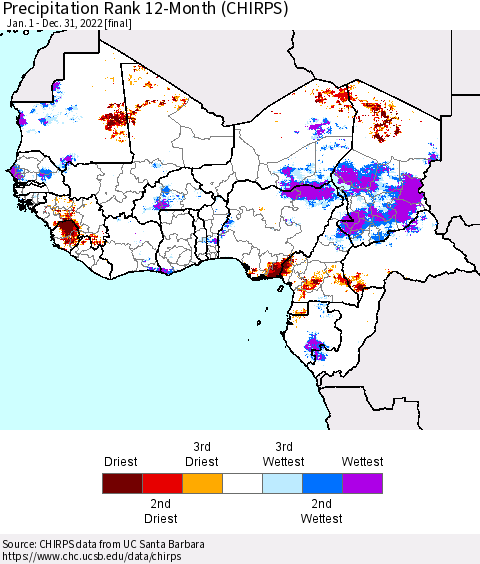 Western Africa Precipitation Rank since 1981, 12-Month (CHIRPS) Thematic Map For 1/1/2022 - 12/31/2022