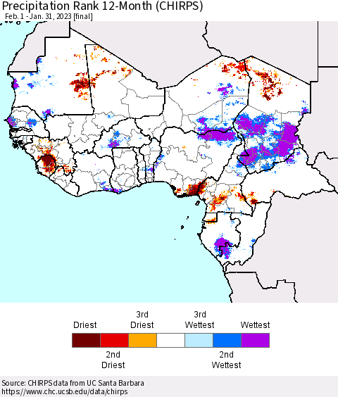 Western Africa Precipitation Rank since 1981, 12-Month (CHIRPS) Thematic Map For 2/1/2022 - 1/31/2023