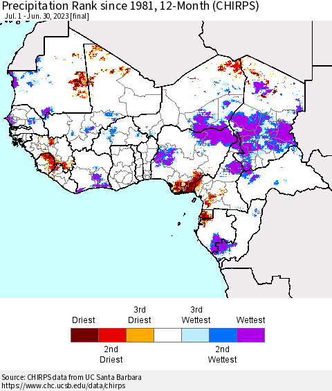Western Africa Precipitation Rank since 1981, 12-Month (CHIRPS) Thematic Map For 7/1/2022 - 6/30/2023
