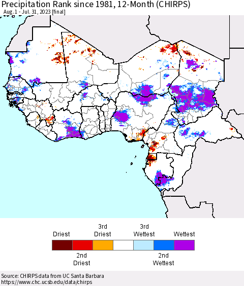 Western Africa Precipitation Rank since 1981, 12-Month (CHIRPS) Thematic Map For 8/1/2022 - 7/31/2023