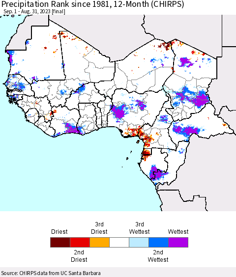 Western Africa Precipitation Rank since 1981, 12-Month (CHIRPS) Thematic Map For 9/1/2022 - 8/31/2023