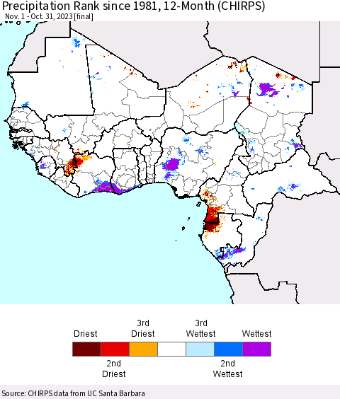 Western Africa Precipitation Rank since 1981, 12-Month (CHIRPS) Thematic Map For 11/1/2022 - 10/31/2023