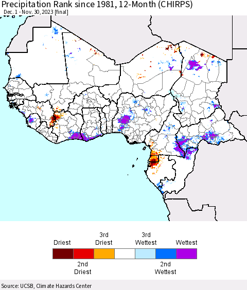 Western Africa Precipitation Rank since 1981, 12-Month (CHIRPS) Thematic Map For 12/1/2022 - 11/30/2023
