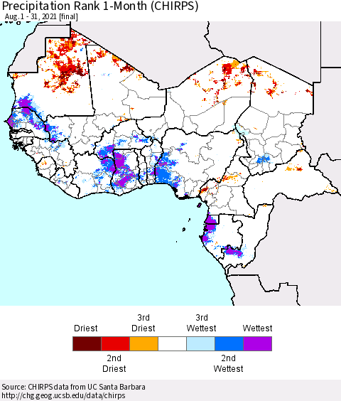 Western Africa Precipitation Rank since 1981, 1-Month (CHIRPS) Thematic Map For 8/1/2021 - 8/31/2021