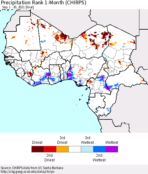 Western Africa Precipitation Rank since 1981, 1-Month (CHIRPS) Thematic Map For 9/1/2021 - 9/30/2021