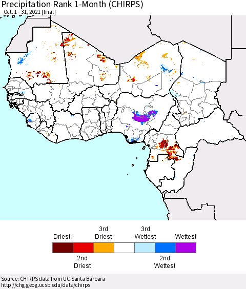 Western Africa Precipitation Rank since 1981, 1-Month (CHIRPS) Thematic Map For 10/1/2021 - 10/31/2021