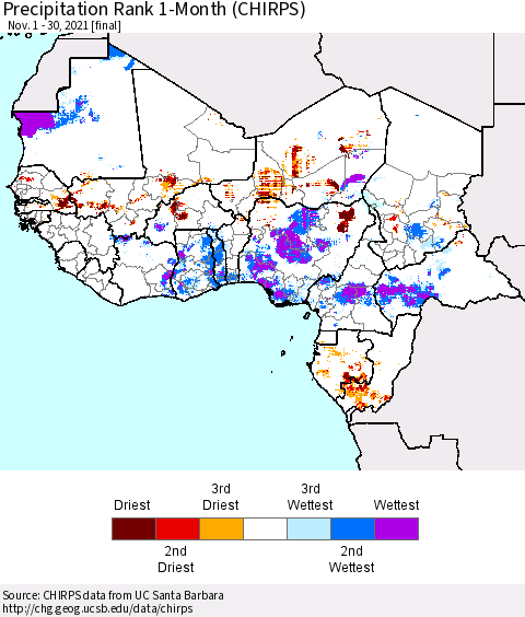 Western Africa Precipitation Rank since 1981, 1-Month (CHIRPS) Thematic Map For 11/1/2021 - 11/30/2021