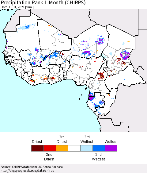 Western Africa Precipitation Rank since 1981, 1-Month (CHIRPS) Thematic Map For 12/1/2021 - 12/31/2021