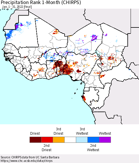 Western Africa Precipitation Rank since 1981, 1-Month (CHIRPS) Thematic Map For 1/1/2022 - 1/31/2022