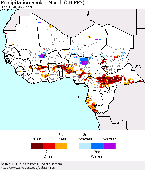 Western Africa Precipitation Rank since 1981, 1-Month (CHIRPS) Thematic Map For 2/1/2022 - 2/28/2022