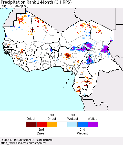 Western Africa Precipitation Rank since 1981, 1-Month (CHIRPS) Thematic Map For 8/1/2022 - 8/31/2022