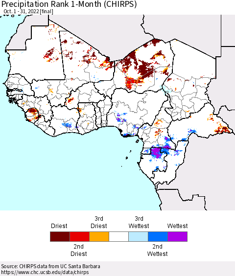 Western Africa Precipitation Rank since 1981, 1-Month (CHIRPS) Thematic Map For 10/1/2022 - 10/31/2022