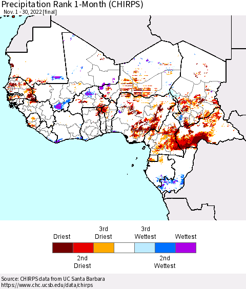 Western Africa Precipitation Rank since 1981, 1-Month (CHIRPS) Thematic Map For 11/1/2022 - 11/30/2022