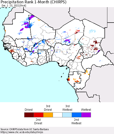 Western Africa Precipitation Rank since 1981, 1-Month (CHIRPS) Thematic Map For 12/1/2022 - 12/31/2022