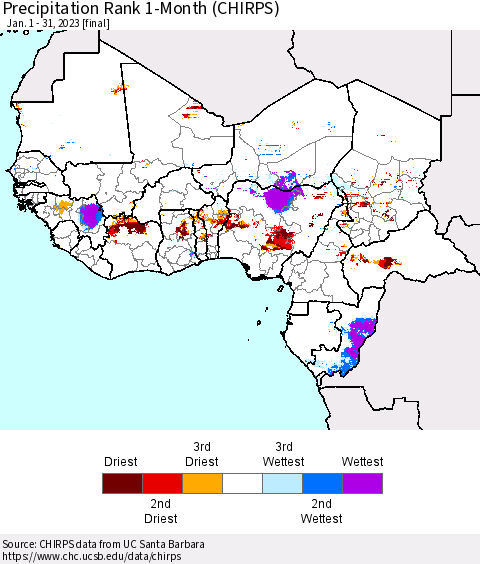 Western Africa Precipitation Rank since 1981, 1-Month (CHIRPS) Thematic Map For 1/1/2023 - 1/31/2023