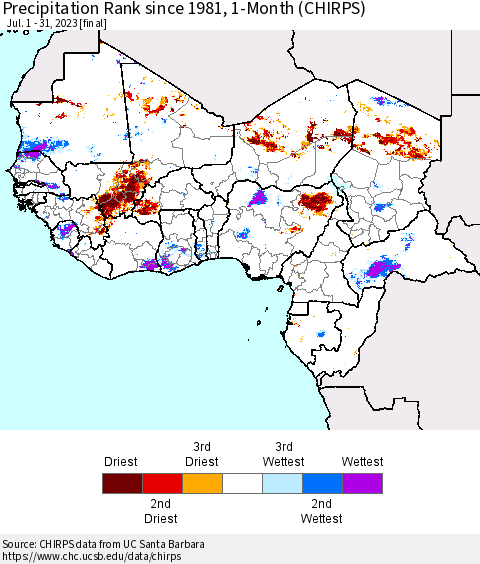 Western Africa Precipitation Rank since 1981, 1-Month (CHIRPS) Thematic Map For 7/1/2023 - 7/31/2023