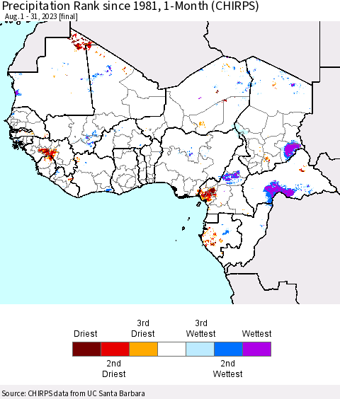 Western Africa Precipitation Rank since 1981, 1-Month (CHIRPS) Thematic Map For 8/1/2023 - 8/31/2023