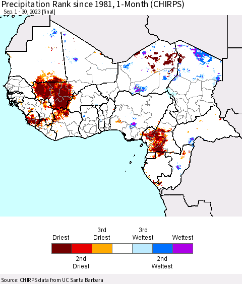 Western Africa Precipitation Rank since 1981, 1-Month (CHIRPS) Thematic Map For 9/1/2023 - 9/30/2023