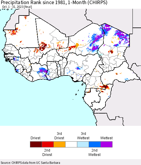 Western Africa Precipitation Rank since 1981, 1-Month (CHIRPS) Thematic Map For 10/1/2023 - 10/31/2023