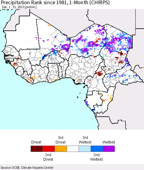 Western Africa Precipitation Rank since 1981, 1-Month (CHIRPS) Thematic Map For 12/1/2023 - 12/31/2023