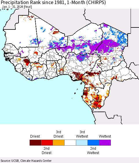Western Africa Precipitation Rank since 1981, 1-Month (CHIRPS) Thematic Map For 1/1/2024 - 1/31/2024