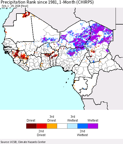 Western Africa Precipitation Rank since 1981, 1-Month (CHIRPS) Thematic Map For 2/1/2024 - 2/29/2024
