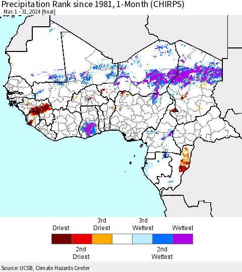 Western Africa Precipitation Rank since 1981, 1-Month (CHIRPS) Thematic Map For 3/1/2024 - 3/31/2024